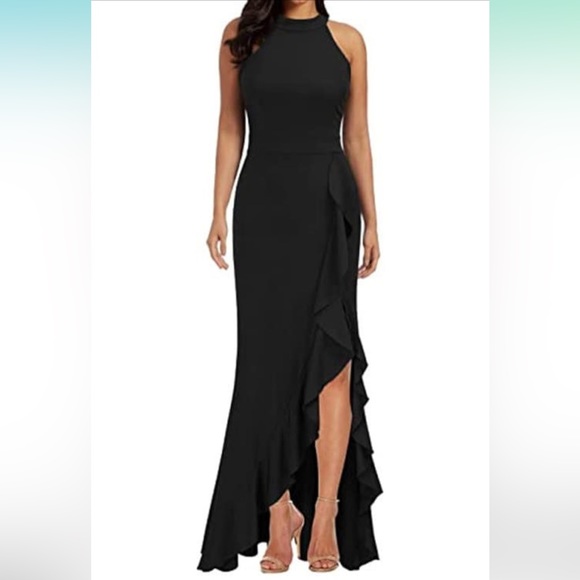 Women's High Neck Halter Long Dress Fashion Ruffle Trim Sleeveless Gown Black - Picture 1 of 4